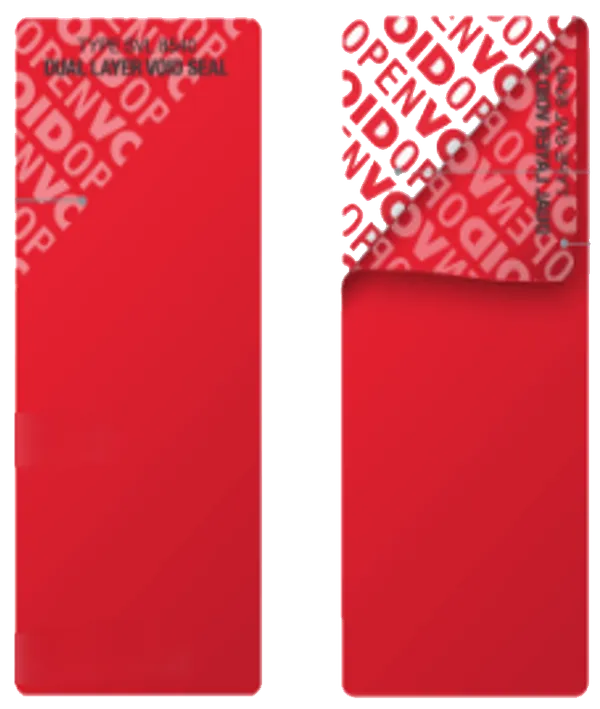 Tamper-evident security labels revealing a hidden VOID message when peeled
