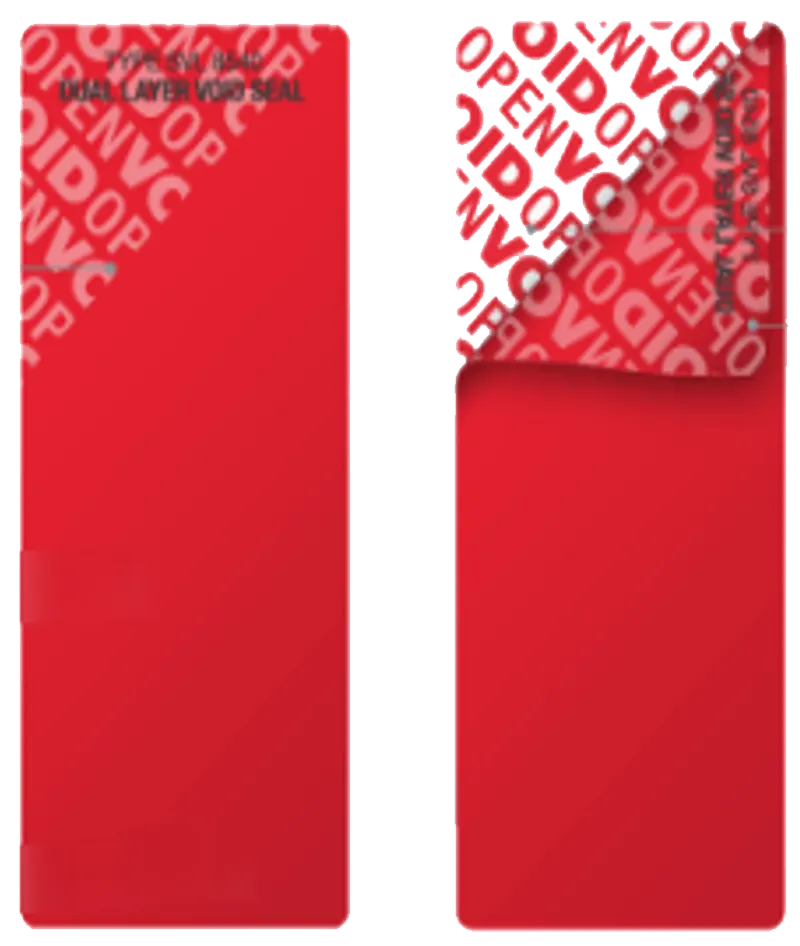 Tamper-evident security labels revealing a hidden VOID OPEN message when peeled
