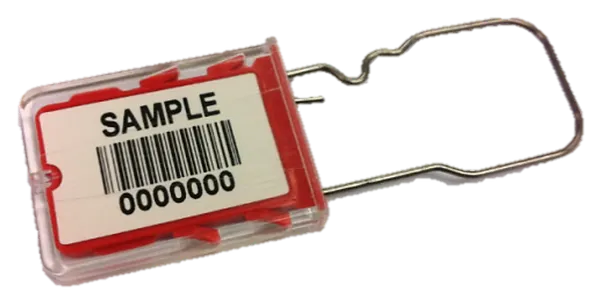 Plastic padlock seal with a metal shackle and a numbered barcode label
