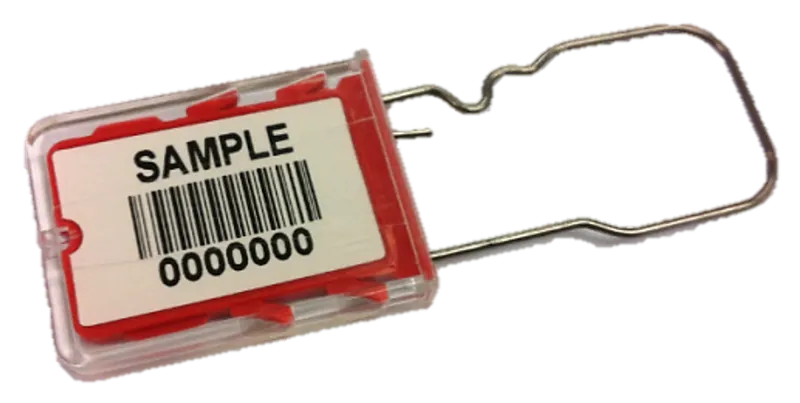 Plastic padlock seal with a metal shackle and a numbered barcode label