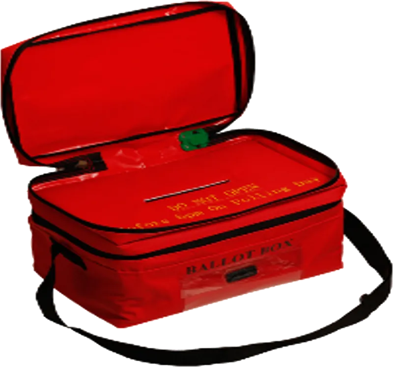 Reusable red tamper-evident ballot box security bag with a carry strap