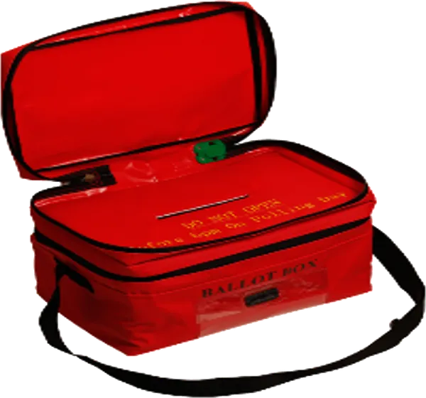 Reusable red tamper-evident ballot box security bag with a carry strap
